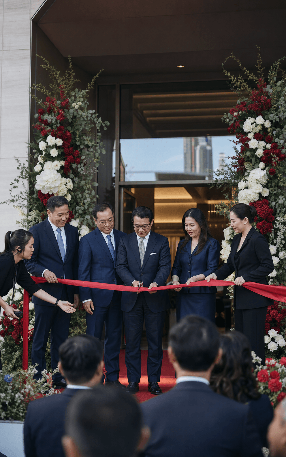 Grand opening ceremony stage, floral arch and ribbon prepared by MPG Event Planner